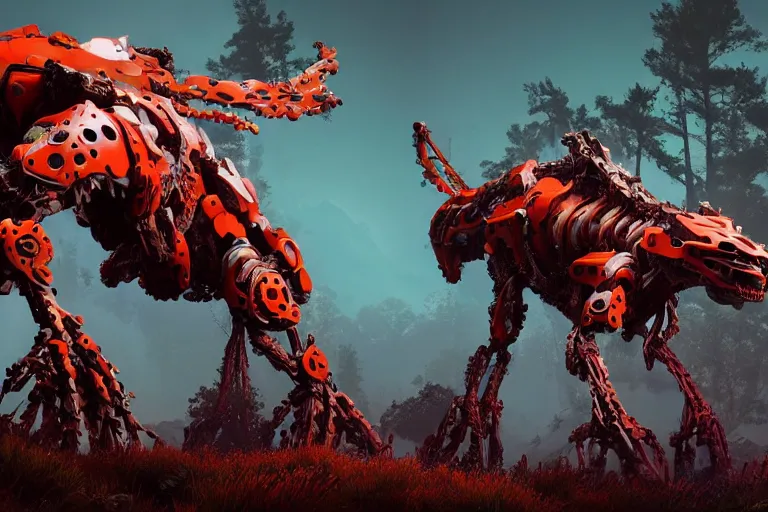 Image similar to a hyper detailed fanghorn evangelion realistic mechanical and organic creature similar look as horizon forbidden west horizon zero dawn, bioluminiscence in a dark deep forest at dawn in spring, with reflection and textures, by kilian eng, substance painter reaslitic mech surface metal painted scratches,