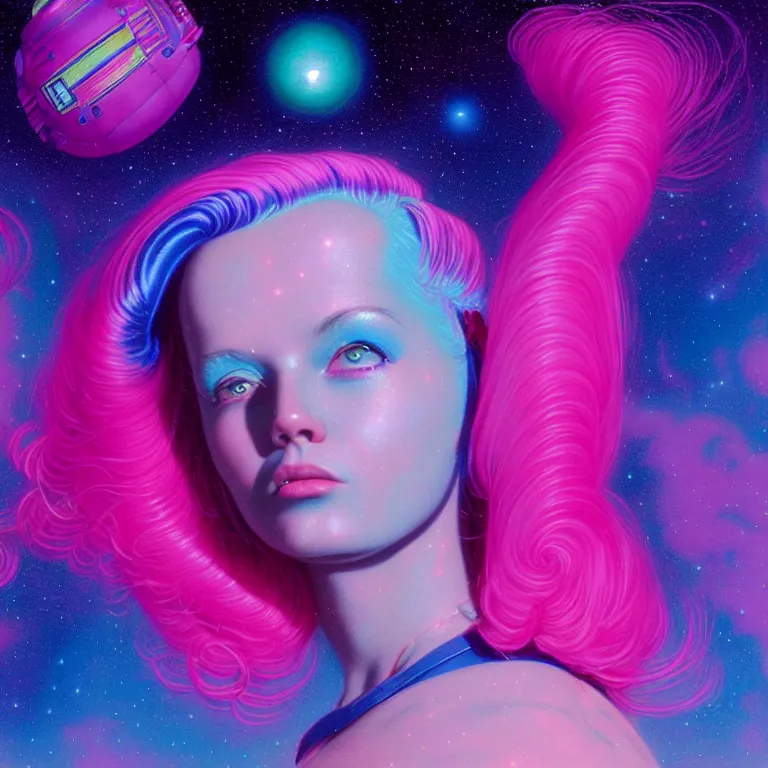 Image similar to cosmic astronaut girl pink hair, 2 0 yo, close - up, synthwave, bright neon colors, highly detailed, cinematic, tim white, roger dean, michael whelan, jim burns, bob eggleton, philippe druillet, kubrick, alfred kelsner, vallejo