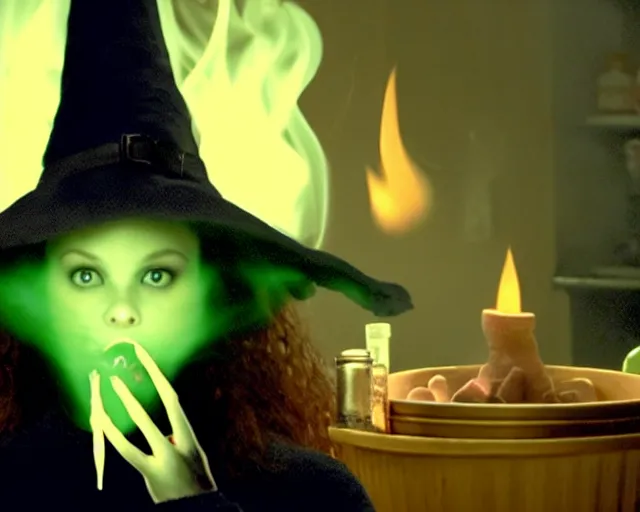 Image similar to close up portrait, dramatic lighting, calm confident teen witch and her cat mixing a spell in a cauldron, a little smoke fills the air, a witch hat, cinematic, a little green smoke is coming out of the cauldron, ingredients on the table, apothecary shelves in the background, still from nickelodeon show are you afraid of the dark?