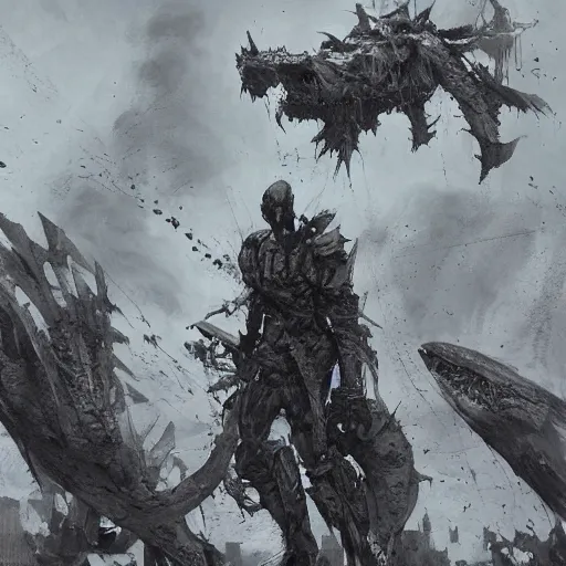 Prompt: a landscape picture of a battlefield being ravaged by enormous monsters in the shape of sharks by Tsutomu Nihei, by Emil Melmoth, by stuz0r, Craig Mullins, yoji shinkawa, cross, artstation, peter morbacher, young, very attractive, pretty face, hyper detailed, very detailed, rendering by octane, shallow depth of field, uplight