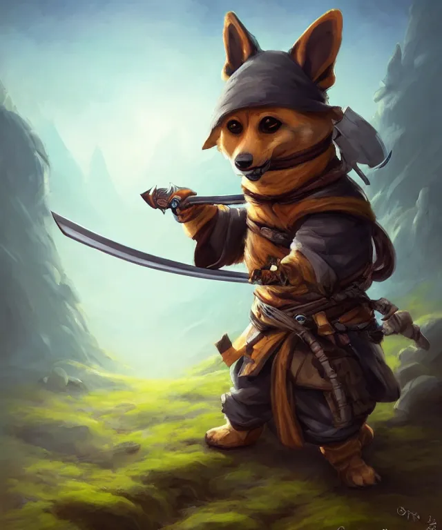 Prompt: anthropomorphic corgi ninja, ninja outfit, holding a katana, standing in a beautiful landscape, cute and adorable, dnd character art portrait, matte fantasy painting, deviantart artstation, by jason felix by steve argyle by tyler jacobson by peter mohrbacher, cinematic lighting