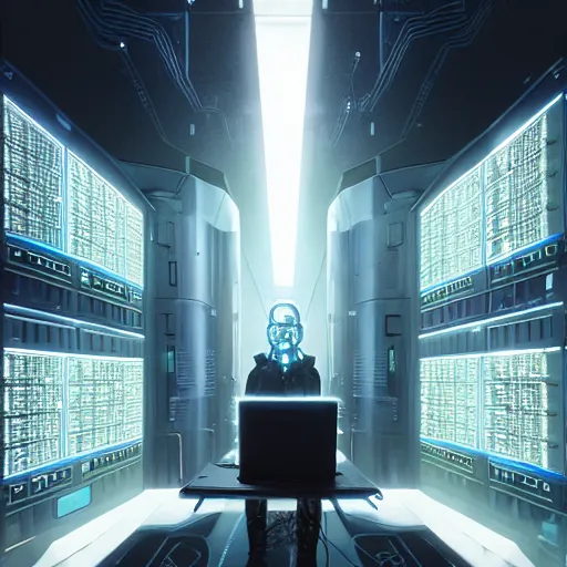 Image similar to professional painting of monumental conscious supercomputer with huge - cybernetic - face!!!! in the center of endless colossal server room talking with small people, trending on artstation, cyberpunk, sci - fi, futuristic, by greg rutkowski and maciej kuciara, high quality
