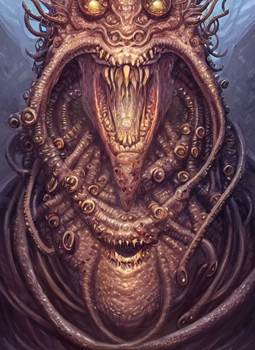 Prompt: portrait of Mario as a large Lovecraftian monster, fantasy, intricate, elegant, highly detailed, digital painting, artstation, concept art, smooth, sharp focus, illustration, art by artgerm and greg rutkowski