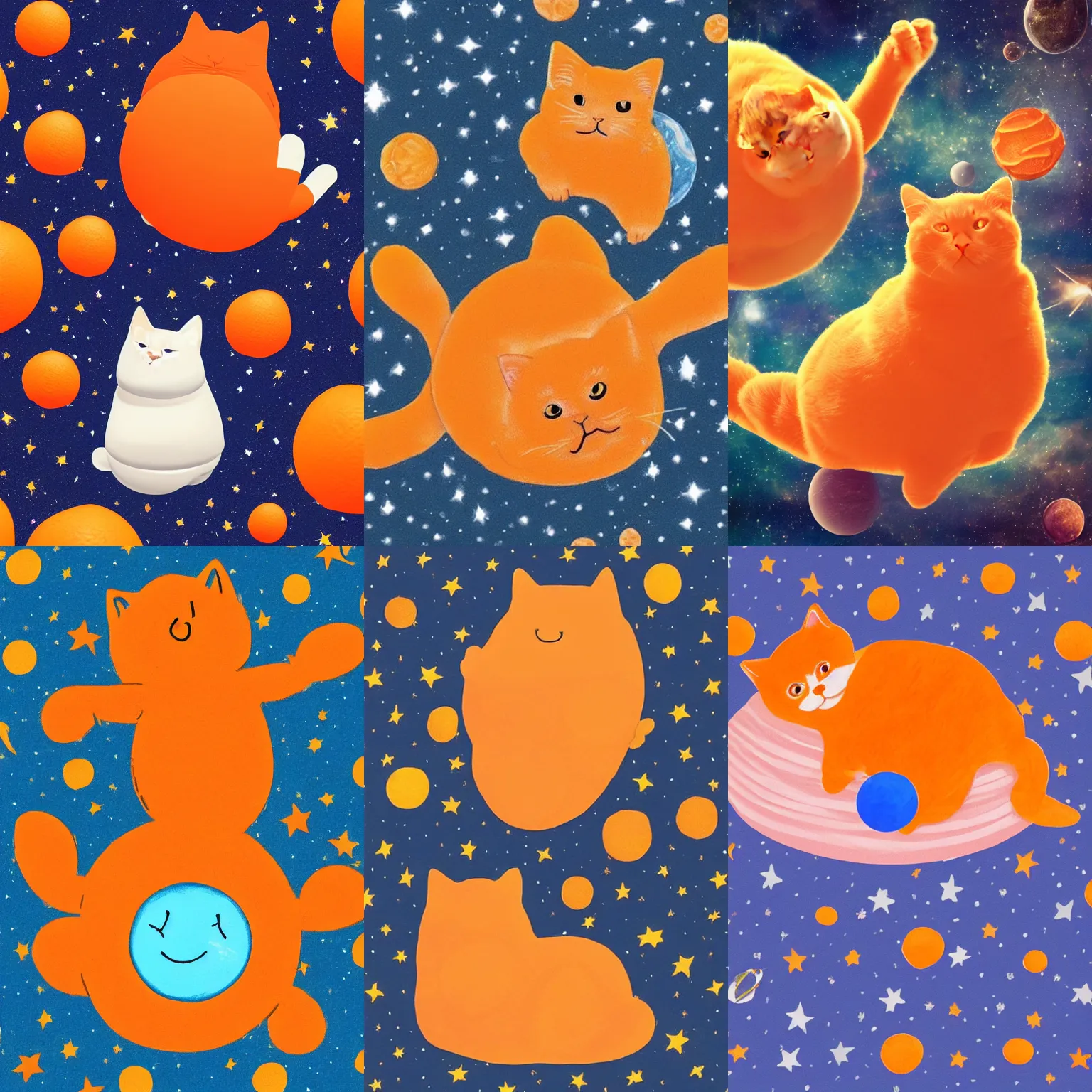Prompt: a fat orange cat peacefuly floating in outer space