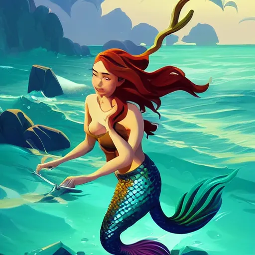 Image similar to painting mermaid treasure on sea of thieves game avatar hero smooth face median photoshop filter cutout vector, behance hd by jesper ejsing, by rhads, makoto shinkai and lois van baarle, ilya kuvshinov, rossdraws global illumination