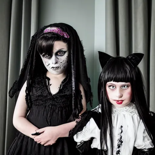 Image similar to 7-year-old goth girl, creepy girl in living room