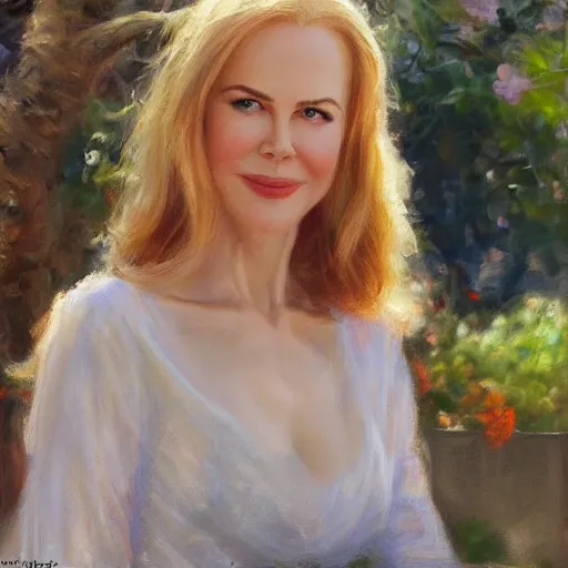 Image similar to closeup portrait of nicole kidman full figure in the garden, morning, highly detailed, ultrarealistic oil painting, vladimir volegov, artstation