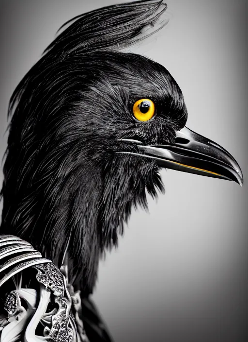 Prompt: a stunning young female crow - orchid - cyborg profile face, face is made intricate tribal bio - mechanical, editorial photography, bw, shot on 7 0 mm, depth of field, f / 2. 8, high contrast, 1 6 k, volumetric lighting, shiny, insanely detailed and intricate, hypermaximalist, elegant, ornate, hyper realistic, super detailed