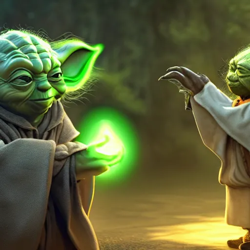 Image similar to master yoda yelling at his guilty dog, digital art, trending on art station, high quality, uhd 8 k, beautiful, golden hour, intricate detail, high gradient, raytracing, dynamic lighting, sharp focus