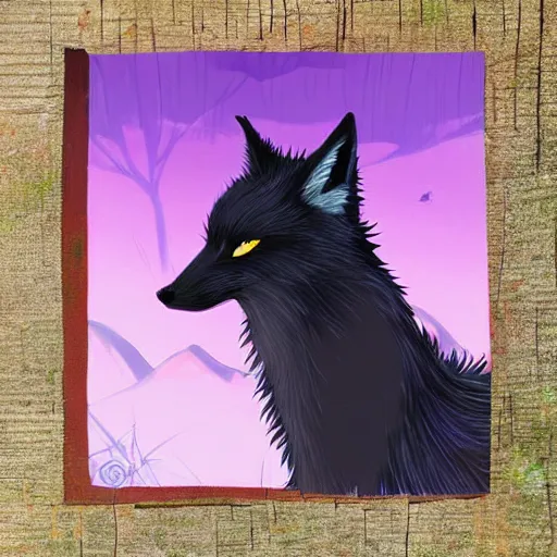 Image similar to black fox dragon hybrid with purple eyes, in a fantasy forest scene at sunset