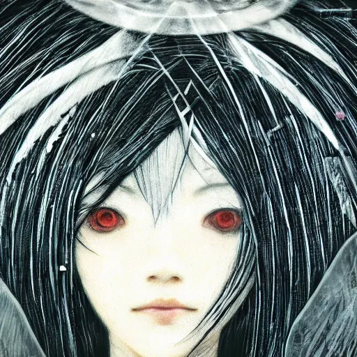 Prompt: yoshitaka amano blurred and dreamy realistic illustration of a japanese woman with black eyes, wavy white hair fluttering in the wind wearing elden ring armor with engraving, abstract patterns in the background, satoshi kon anime, noisy film grain effect, highly detailed, renaissance oil painting, weird portrait angle, blurred lost edges, three quarter view
