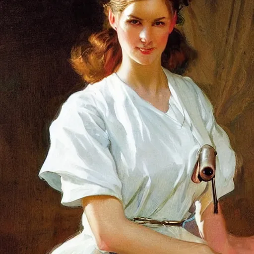 Image similar to epic portrait an nurse in a white dress and short sleeves, beautiful, shiny skin, wet flowing hair, made by j. c. leyendecker