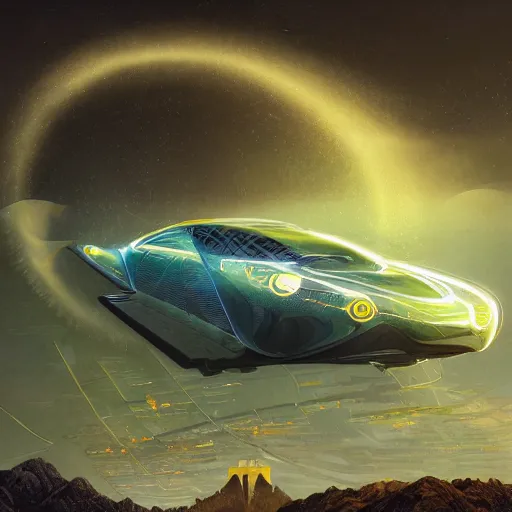 Image similar to solarpunk hovercar, clean energy, green technology, batoidea shape, flying, sunny day, futurism, intricate, engines, glow, highly detailed, peaceful, utopia, bright, digital painting, artstation, concept art, smooth, sharp focus, epic landscape, art by akihiko yoshida and tim mcburnie and anato finnstark