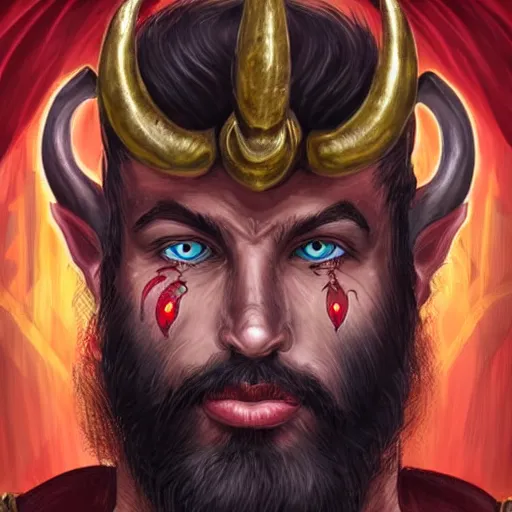 Image similar to dnd style portrait of a tiefling, male, red scales, red skin, a big black beard, completely golden eyes, 2 black ram horns growing out of his forehead,