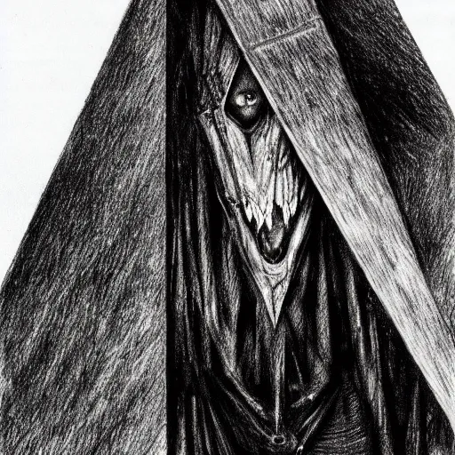Image similar to Black and white drawing of Pyramid Head, Stephen Gammell style, evil, high detail, Scary Stories