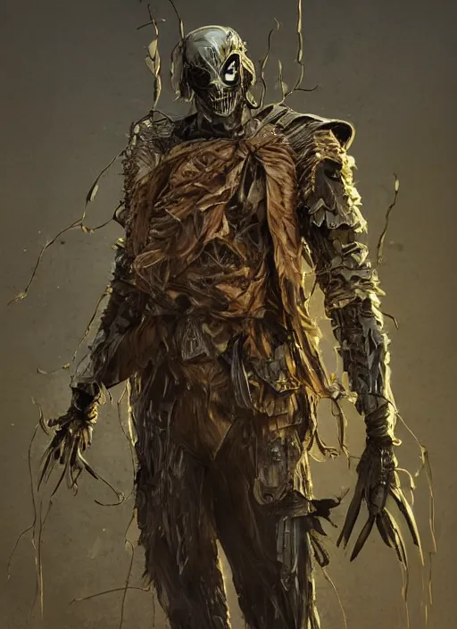 Image similar to powerful male scarecrow, willem dafoe as scarecrow, full body character concept, covered in full metal armor, art nouveau, super powers, fantasy, intricate, elegant, highly detailed, digital painting, artstation, concept art, shining, sharp focus, illustration, art by stanley lau