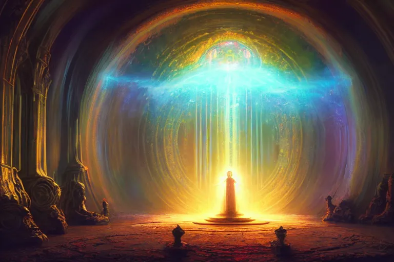 Image similar to portal to iridescent dimension on altar of truth, illustration, moody, chaotic, god, mist, nuclear explosion background, volumetric lighting, soft lighting, soft details, painting oil on canvas by craig mullins and Edmund Blair Leighton, octane render, HDR, trending on artstation, 4k, 8k, HD