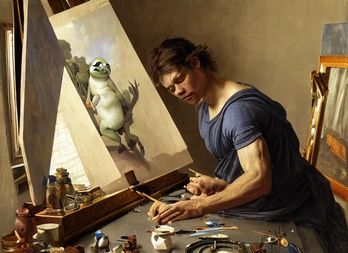 Prompt: a painter in his studio painting a picture of pepe the frog, by edgar maxence and caravaggio and michael whelan and delacroix style, artistic, intricate drawing, cinematic lighting, hyper realistic, extremely detailed, establishing shot, 8 k resolution, dramatic lighting