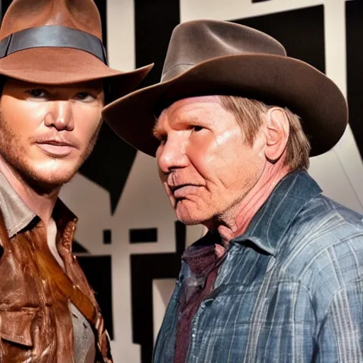 Image similar to chris pratt as indiana jones 5, epic pose, selfie with harrison ford