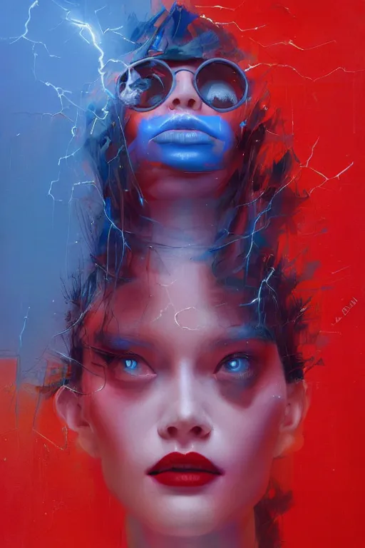 Image similar to 3 d, sci - fi, morning, madness fashion model face, sun, lightning clouds, vogue cover style, light red and deep blue mood, cinematic, realistic painting, intricate oil painting, high detail, figurative art, multiple exposure, poster art, 3 d, by stanley kubrick and tooth wu and wlop and beeple and greg rutkowski