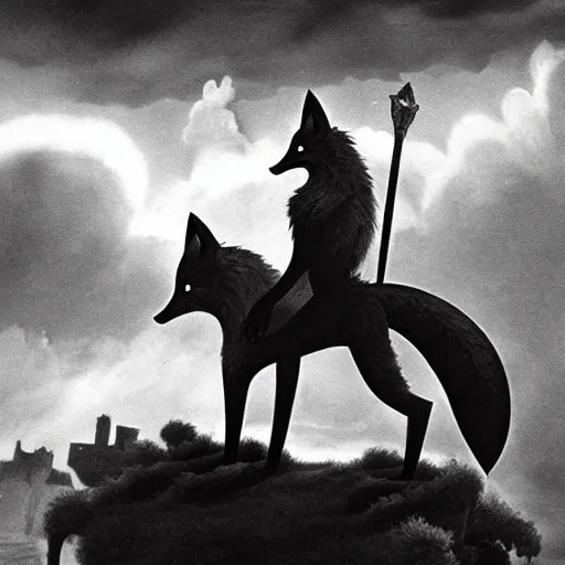 Prompt: anthropomorphic fox!! who is a medieval knight holding a swo - rd towards a stormy thundercloud [ 1 9 3 0 s film still ], ( fantasy castle in the background )