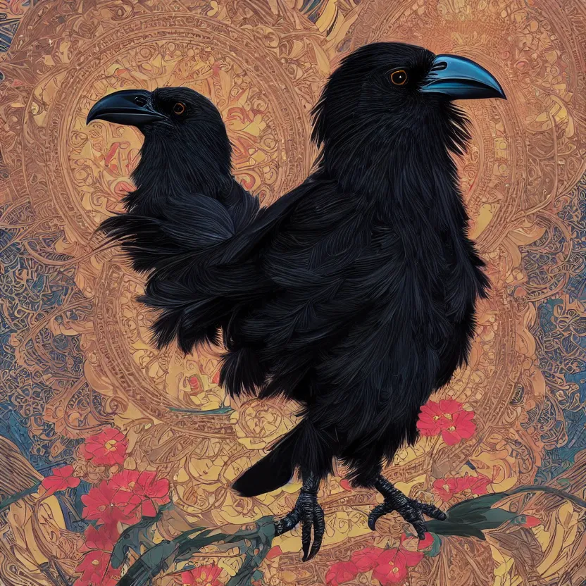 Image similar to beautiful angry black raven bird, cute, intricate, exquisite japanese background, highly detailed, digital painting, trending on artstation, concept art, smooth, sharp focus, backlit, rim light, vivid colors, illustration, unreal engine 5, 8 k, art by rossdraws and alphonse mucha