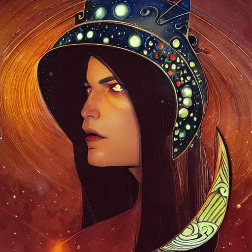 Prompt: artemixel, the modern reincarnation of the old selenium greek god of hunt, also known as artemis the selene, carrying the celebrated crown of the crescent moon wich its usual bright and slightly bluish crescent like the brightness of the night, a portrait cartoon by moebius!! and karol bak, character design, concept design