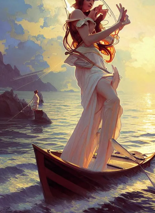 Image similar to sailor on its boat, fantasy, highly detailed, digital painting, artstation, concept art, wallpaper, smooth, sharp focus, illustration, art by artgerm and greg rutkowski and alphonse mucha