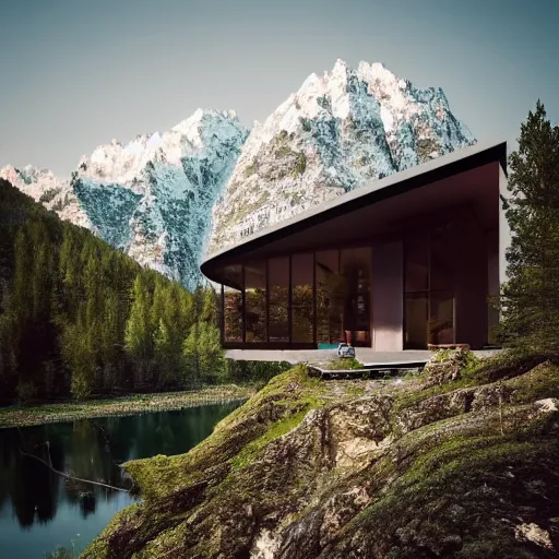 Image similar to wes anderson style modern futuristic house near the lake, snowy mountains and green forest, cinematic, realism, photo, detailed