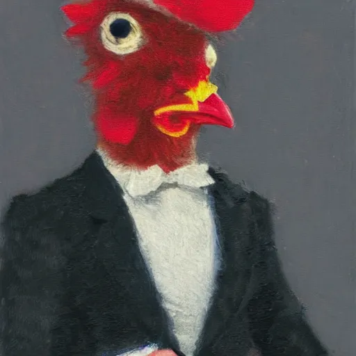 Image similar to a high quality photo of a chicken wearing a suit, Impressionism, 8k
