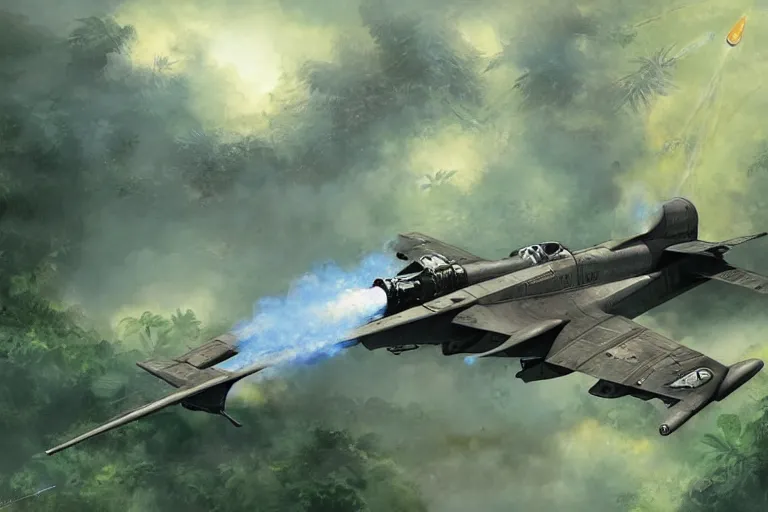 Image similar to dieselpunk digital illustration of a rocket fighter breaking the sound barrier low across a tropical rainforest by jean - baptiste monge