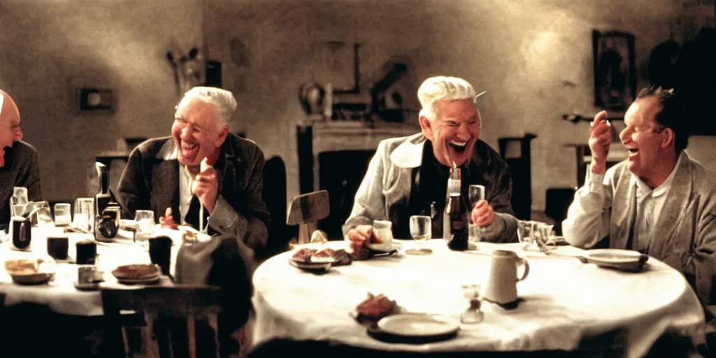 Prompt: film still of old men laughing!!!! sitting at a round table eating living frogs, directed by david lynch and federico fellini, backlighting