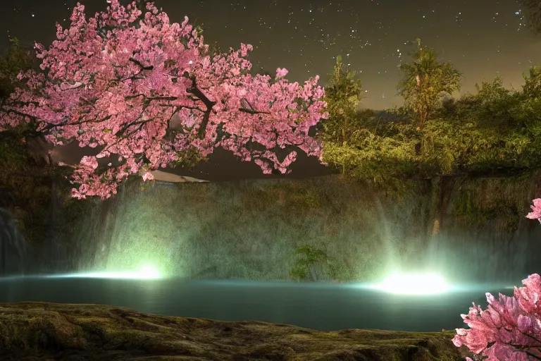 Image similar to Bioluminescent waterfall, cherry-blossom-tree, night-time, moon, fireflies, atmospheric, magical atmosphere, octane render, unreal engine, HD, trending on artStation, artstationHD, artstationHQ, cgsociety, 4k, 8K