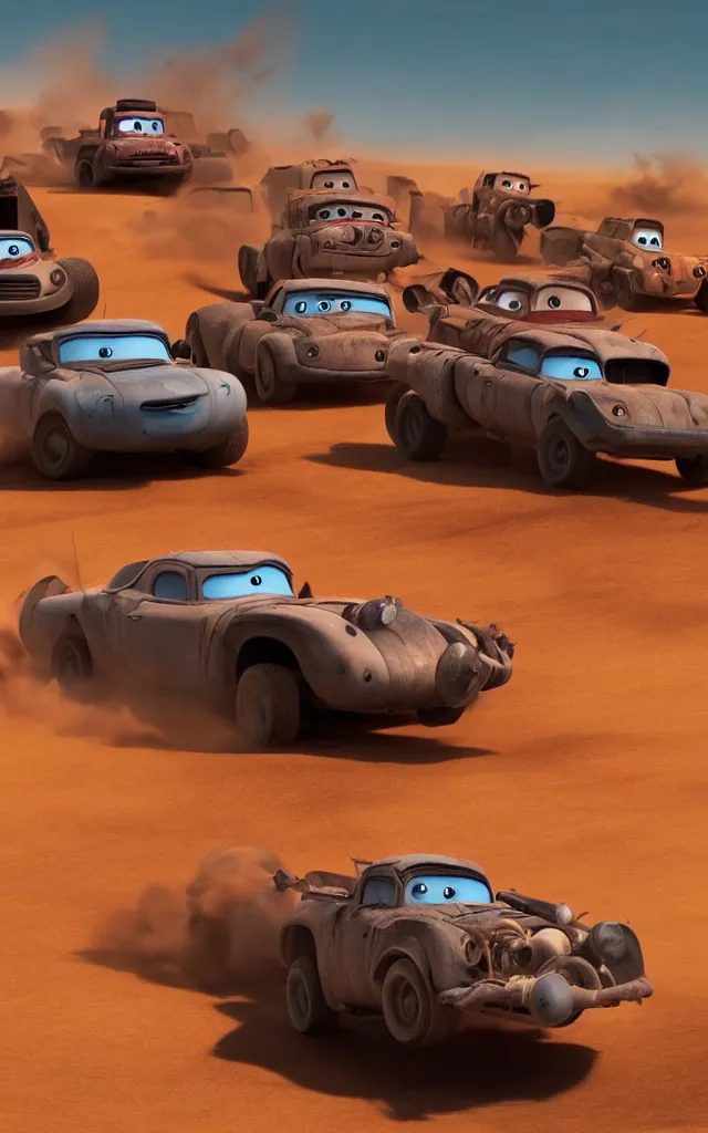 Prompt: pixar cars racing fast in the world of mad max fury road. 4 k ultra detailed