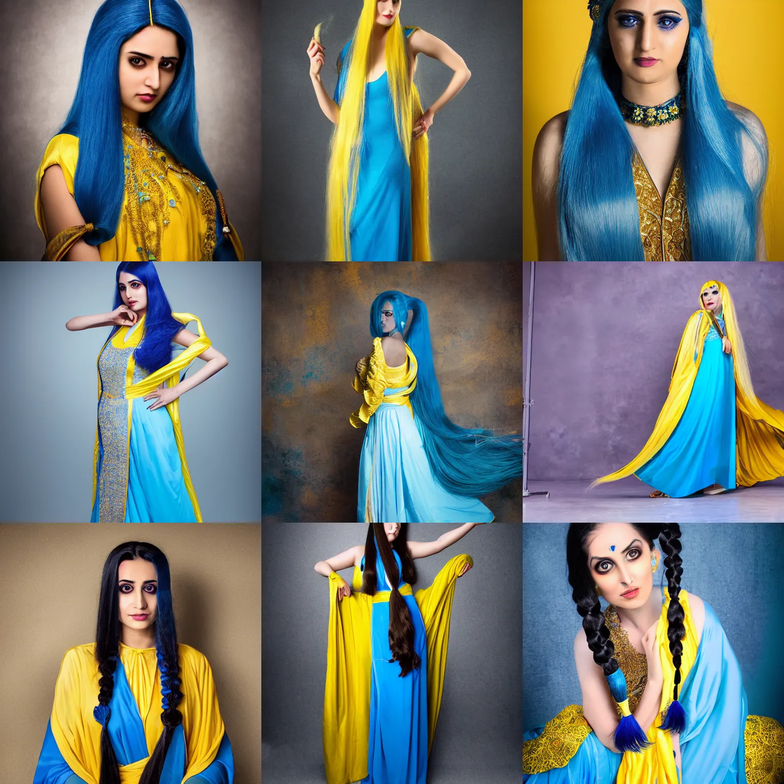 Prompt: Sona is a slender, pale-skinned woman with long blue hair in two long flowing pigtails and yellow at the ends. Her robes is a long, elegant gown with a distinctive palette of blue, dark blue, turquoise and gold accents. 8k hdr photography, studio lighting