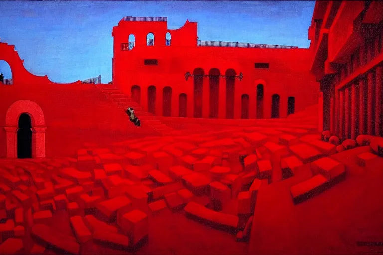 Image similar to only with red, a red great emperor, taormina amphitheatre, expressive crowd hails him, in the style of beksinski, parts by edward hopper, parts by rodcenko, parts by yue minjun, intricate and epic composition, red by caravaggio, insanely quality, highly detailed, masterpiece, red light, artstation, 4 k