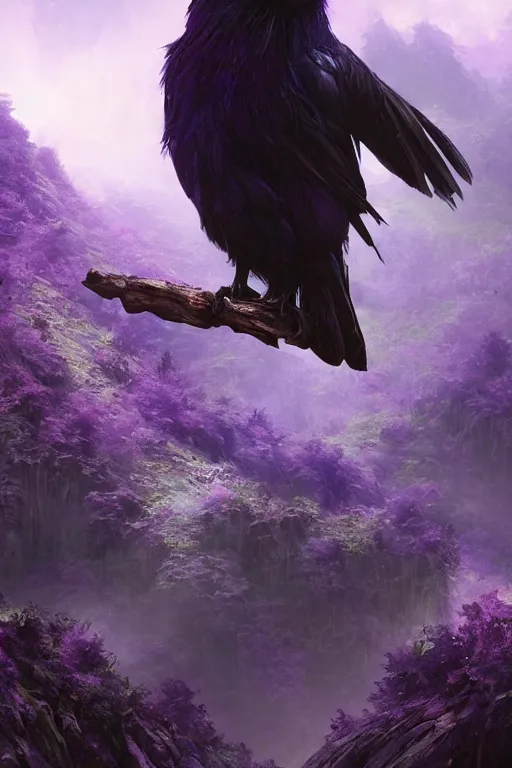 Image similar to portrait of a beautiful one raven perched on purple crystals that are glowing in a misty valley, establishing shot, extremly high detail, foto realistic, cinematic lighting, by yoshitaka amano, ruan jia, kentaro miura, artgerm, post processed, concept art, artstation, raphael lacoste, alex ross