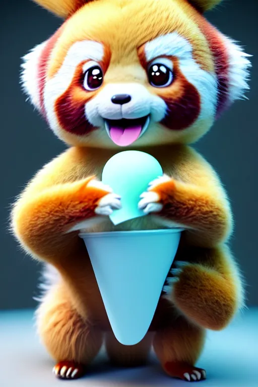 Image similar to high quality 3 d render hyperrealist very cute pastel happy red panda & koala hybrid stuffing mouth with ice cream, vray smooth, in the style of detective pikachu, very dramatic light, low angle, uhd 8 k, shallow depth or field