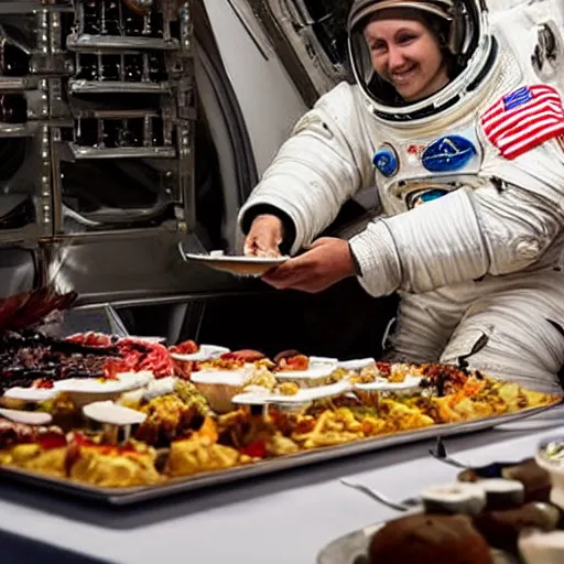 Image similar to An astronaut eating at a buffet in a well illuminated galaxy, award-winning photo in 8k