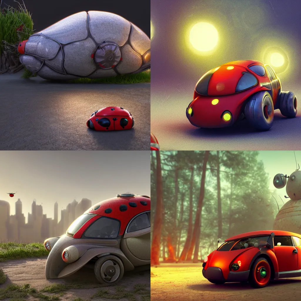 Prompt: 3d cinematic render of realistic organic vehicle in a form of lady bug, light inside it, fantasy style, octane render, volumetric lighting, 8k high definition, by greg rutkowsky and moebius and beksinsky, highly detailed, wide angle, trending on art station,