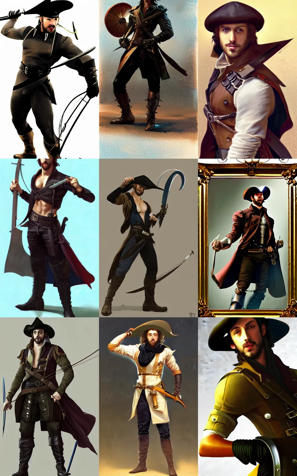 Prompt: character concept portrait of happy Aaron Taylor Johnson as a swashbuckler flourising a rapier, fit, abs, tricorne hat, boots, full body view, elegant, digital painting, concept art, smooth, sharp focus, illustration, from Metal Gear, by Ruan Jia and Mandy Jurgens and William-Adolphe Bouguereau, Artgerm