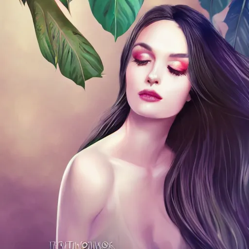 Image similar to pretty woman with pale skin, long black hair in a room full of beautiful plants, abstract, beautiful digital art trending on artstation