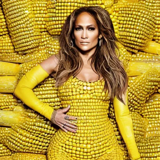 Prompt: full body photo of jennifer lopez, she is wearing the funniest fashion cry costume of corn on a cob, studio lighting, corn on a cob everywhere