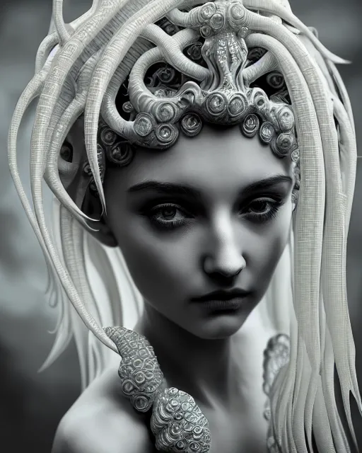 Image similar to mythical dreamy underwater artistic black and white 3 d render of a translucent beautiful young female angelic - medusa - vegetal - doll, highly detailed, intricate crystal ivy jelly ornate, poetic, translucent algae ornate, digital art, octane render, 8 k artistic photography, photo - realistic, hg giger flora borsi