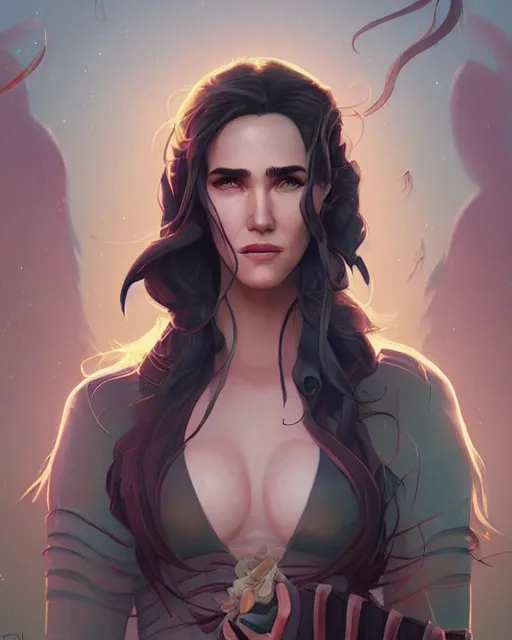 Prompt: portrait of Jennifer Connelly as Huntress, art by lois van baarle and loish and ross tran and rossdraws and sam yang and samdoesarts and artgerm, middle shot, digital art, highly detailed, intricate, sharp focus, Trending on Artstation HQ, deviantart, unreal engine 5, 4K UHD image