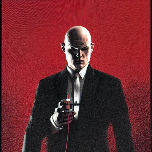 Image similar to agent 4 7 from hitman wearing headphones and listening to music in front of large stereo speakers surrounded by cables, black background, red rim light, highly detailed, smooth, sharp focus, art by cedric peyravernay