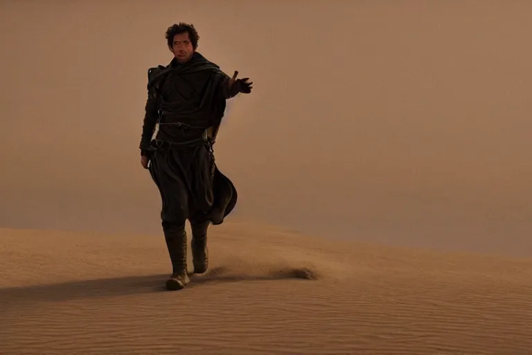 Image similar to a cinematic wide angle shot of a man in his early twenties, in the 2 0 2 1 movie dune, stormy weather, dry, film still, cinematic, dramatic lighting, by zack snyder
