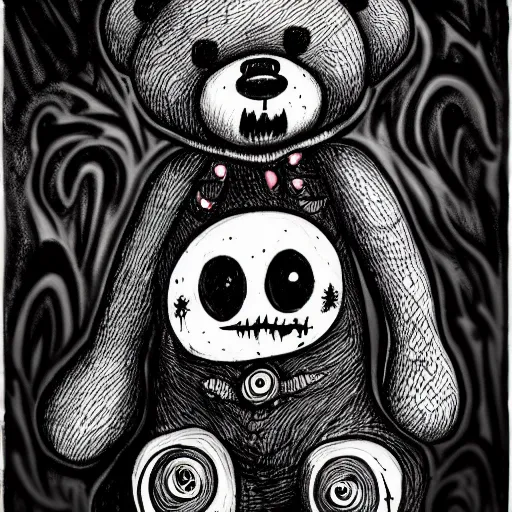 Image similar to dark art cartoon grunge drawing of a teddy bear with bloody eyes by tim burton - loony toons style, horror theme, detailed, elegant, intricate