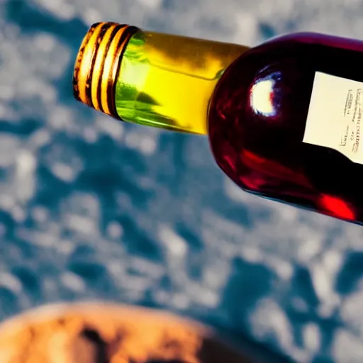 Image similar to picnic with close up of wine bottle on the moon