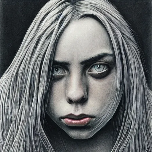 Prompt: grunge drawing of billie eilish by - Zdzisław Beksiński , line art style, horror themed, detailed, elegant, intricate